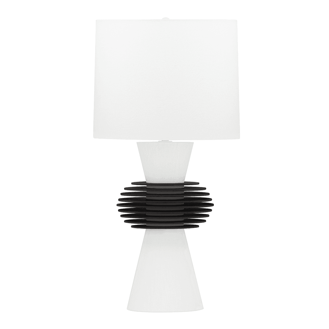 Aged Iron and White Plaster with White Linen Drum Shade Table Lamp - LV LIGHTING