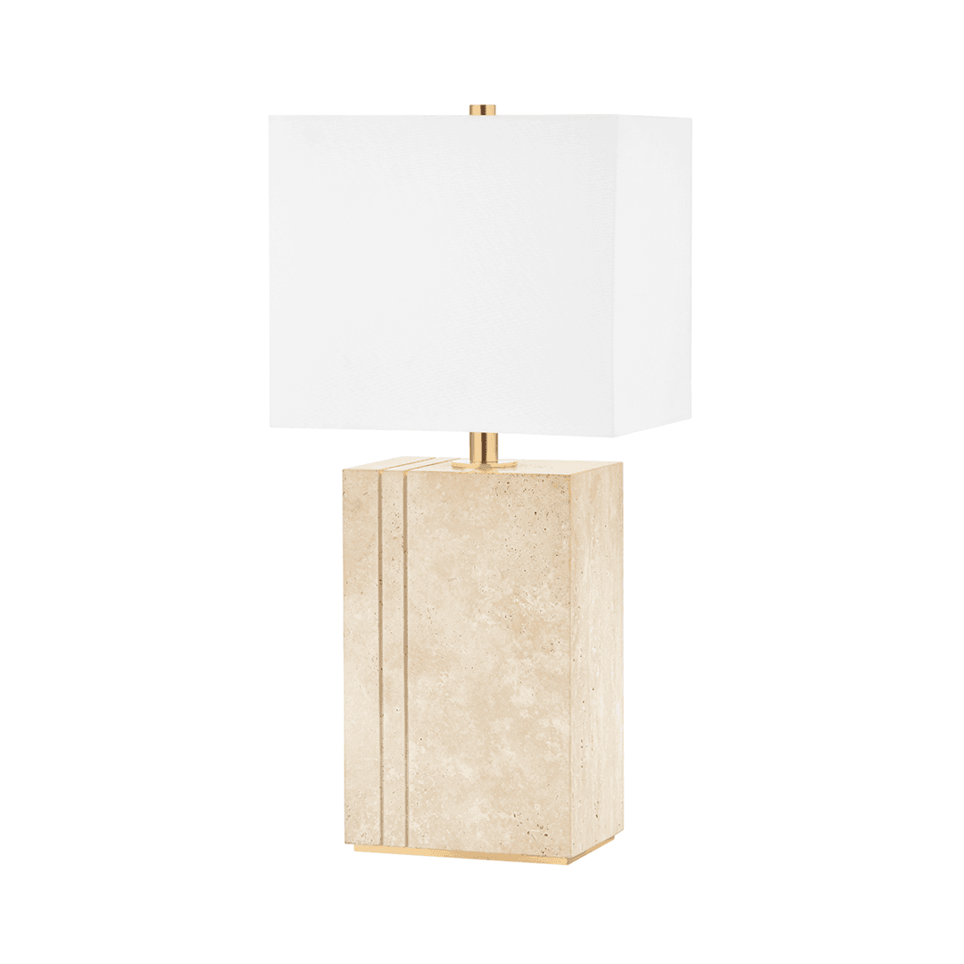 Aged Brass and Natural Travertine Base with White Fabric Shade Table Lamp - LV LIGHTING
