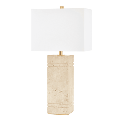 Aged Brass and Natural Travertine Base with White Fabric Shade Table Lamp - LV LIGHTING