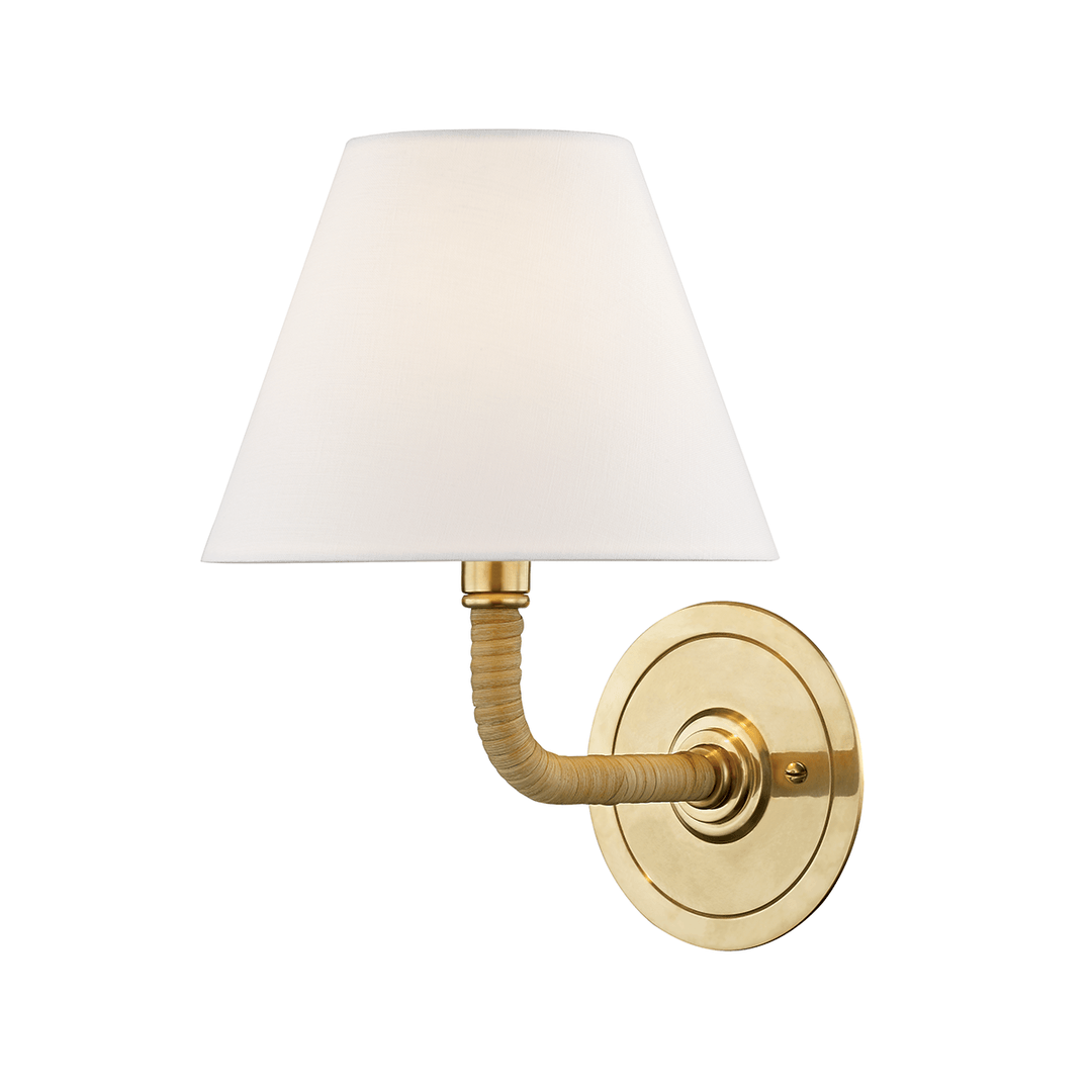 Aged Brass Rattan Curved Arm with Fabric Shade Wall Sconce - LV LIGHTING