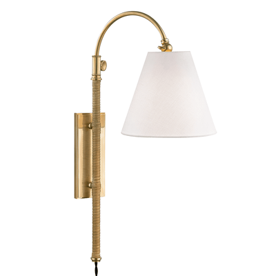Aged Brass Rattan Curved Arm with Fabric Shade Wall Sconce - LV LIGHTING