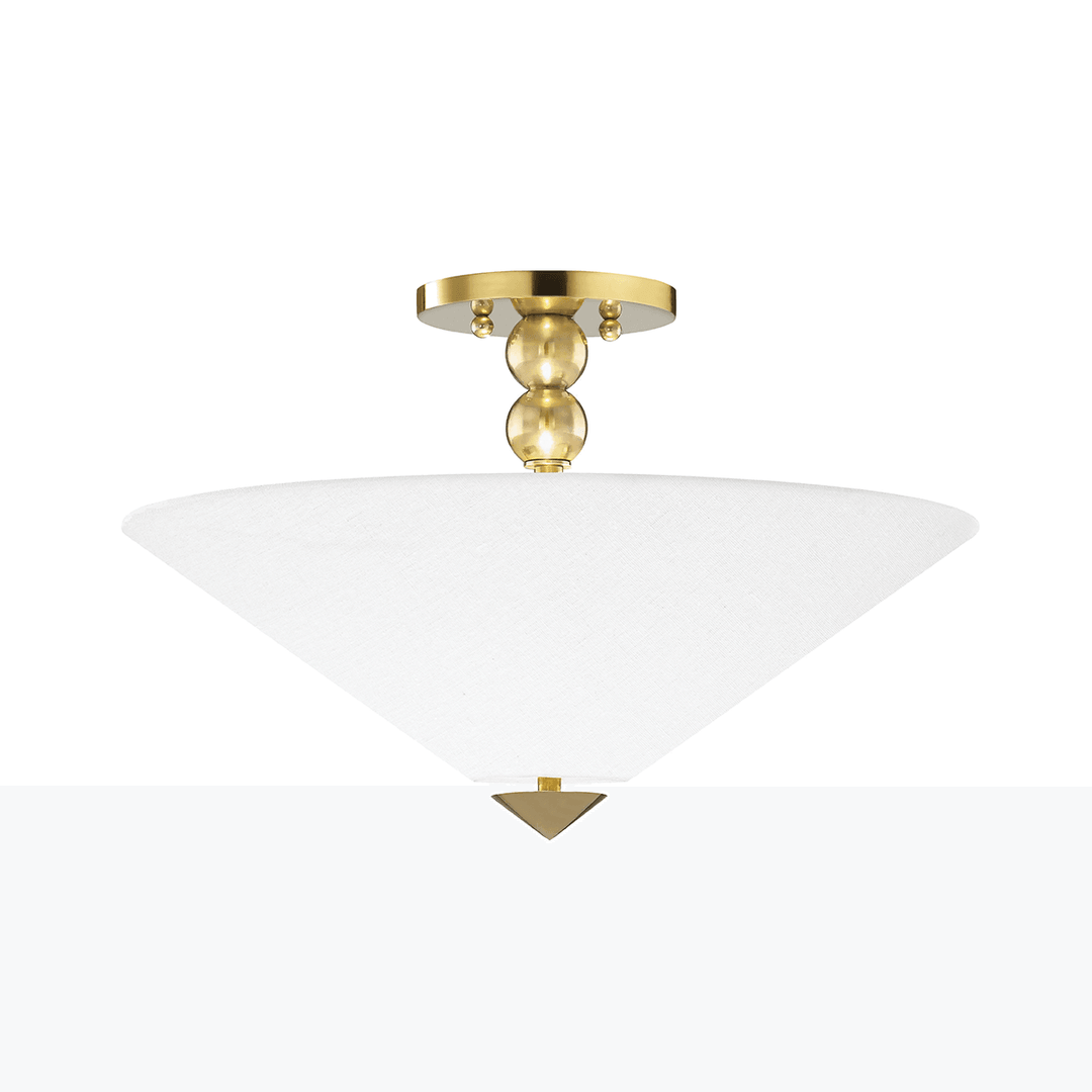 Aged Brass with White Fabric Cone Shade Flush Mount - LV LIGHTING