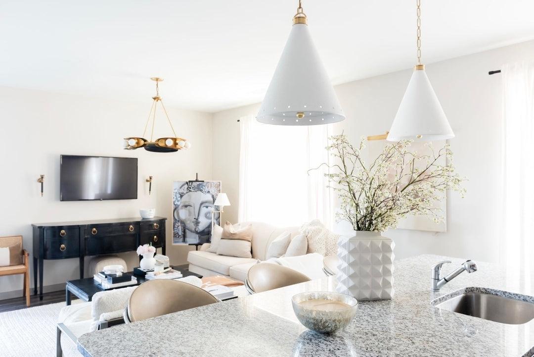 Aged Brass with White Plaster Conical Shade Pendant - LV LIGHTING