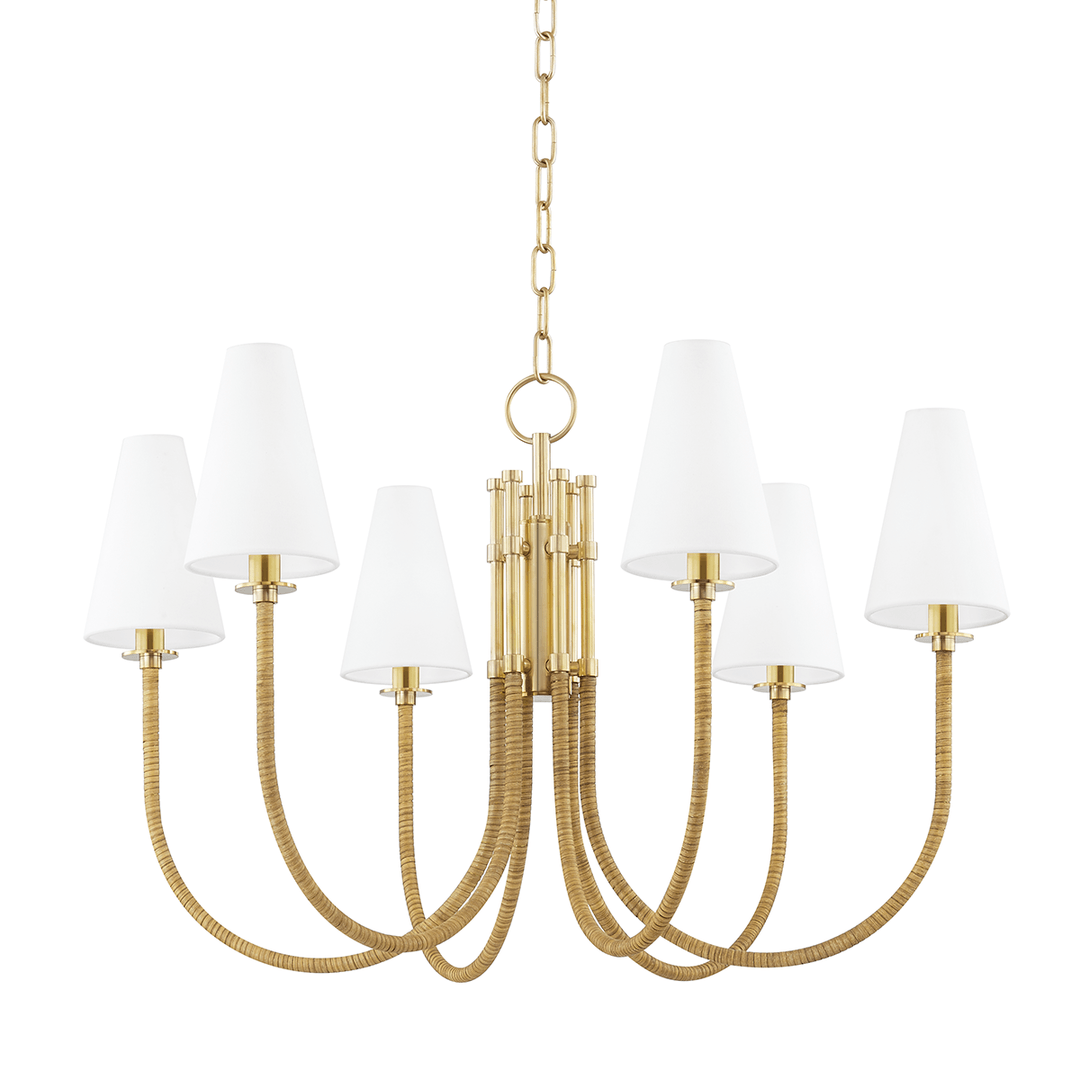 Aged Brass Rattan Wrapped Curve Arm with Fabric Shade Chandelier - LV LIGHTING