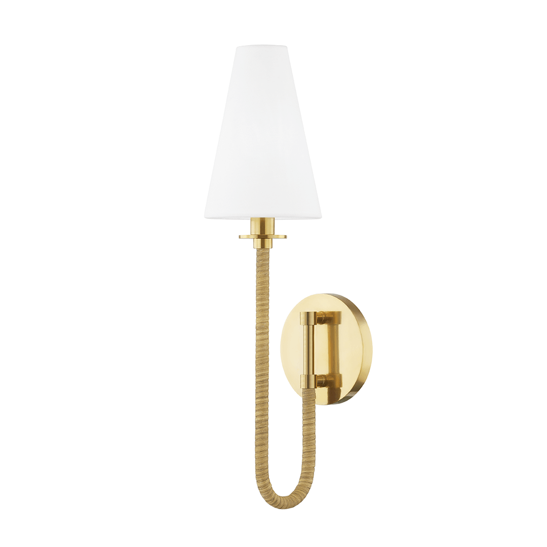 Aged Brass Rattan Wrapped Curve Arm with Fabric Shade Wall Sconce - LV LIGHTING