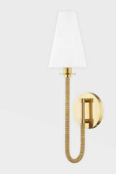 Aged Brass Rattan Wrapped Curve Arm with Fabric Shade Wall Sconce - LV LIGHTING