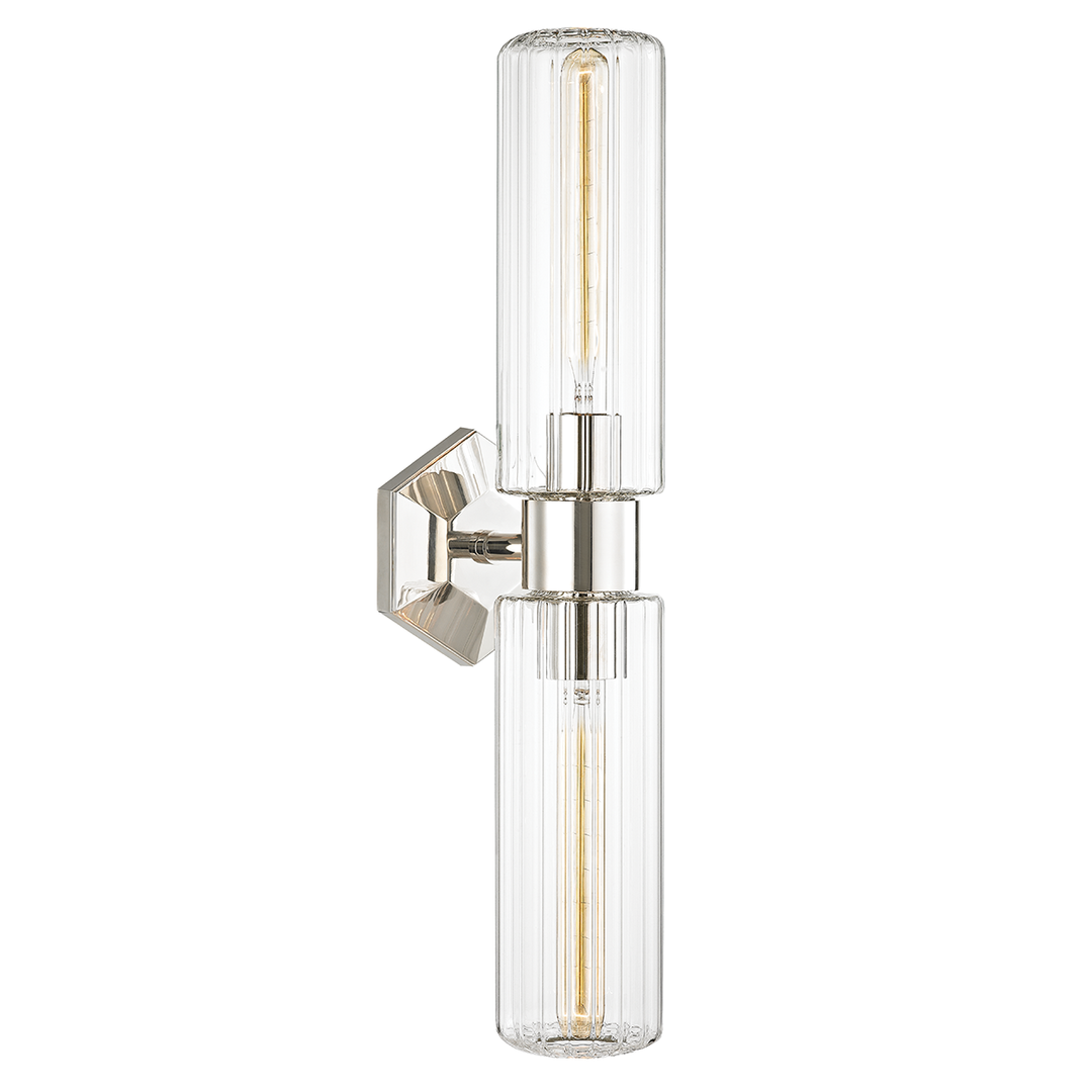 Steel Hexagon Plate with Clear Cylindrical Glass Shade 2 Light Wall Sconce