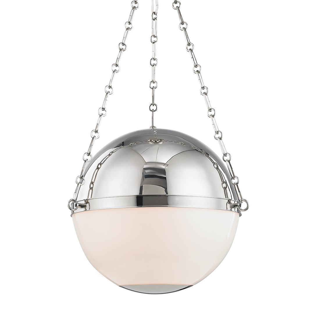 Steel Frame with Opal Glass Sphere Shade and Chain Pendant