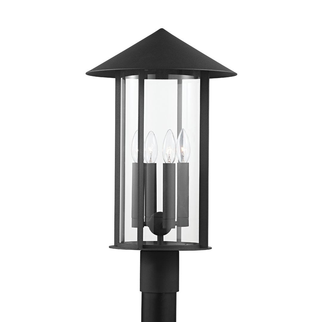 Textured Black with Cylindrical Clear Glass Shade Outdoor Post Light