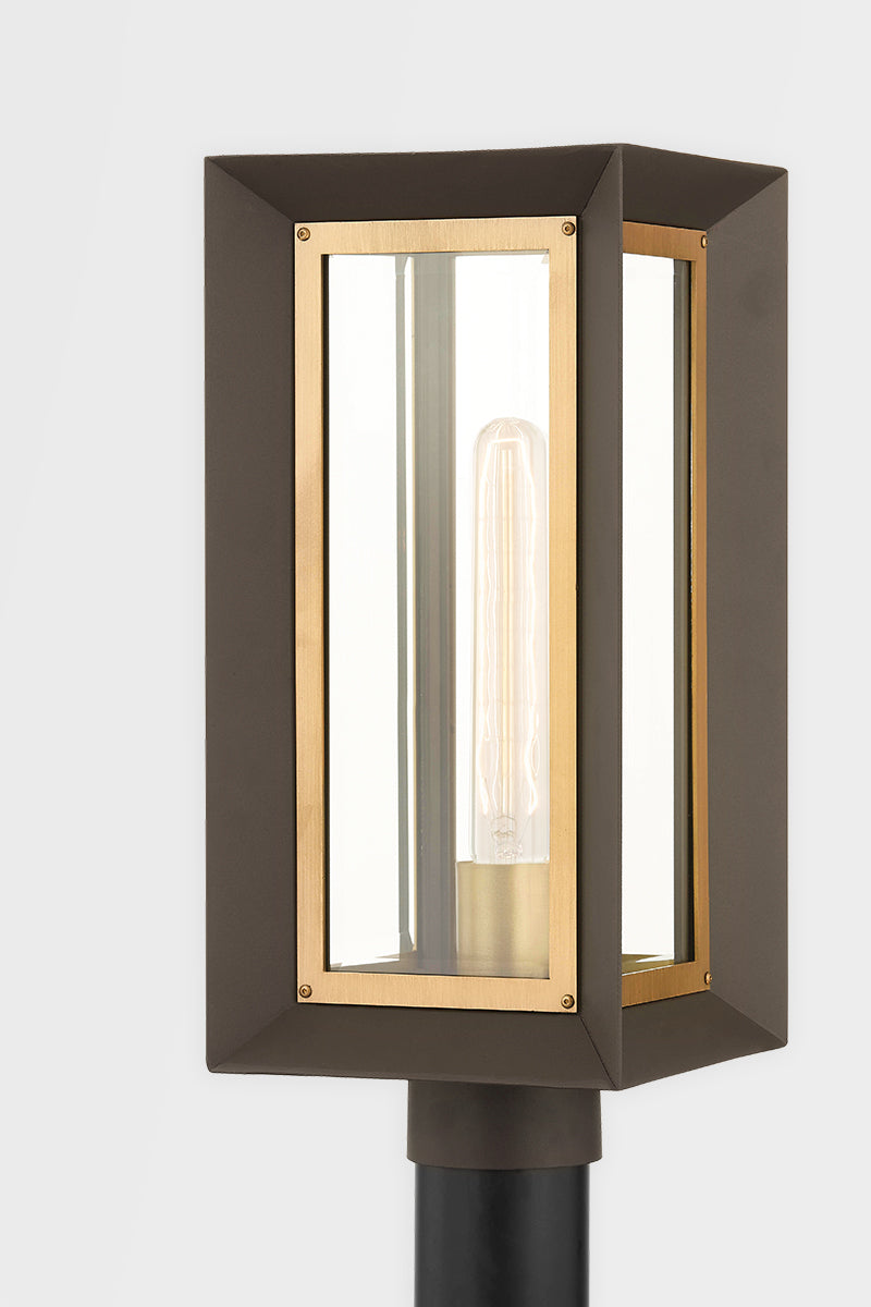 Textured Bronze and Patina Brass Frame with Clear Glass Shade Outdoor Post Light
