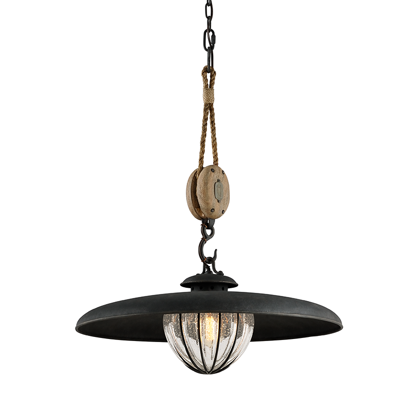 Vintage Iron Shade with Rustic Wood and Hand Blown Seedy Glass Shade Chandelier