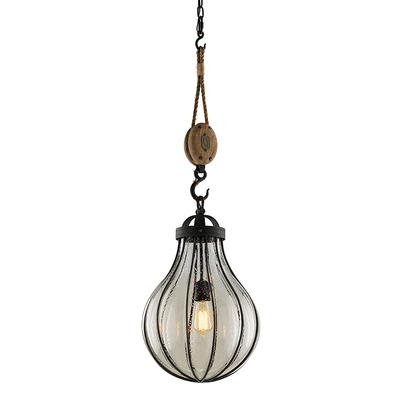 Vintage Iron with Rustic Wood and Hand Blown Seedy Glass Shade Pendant
