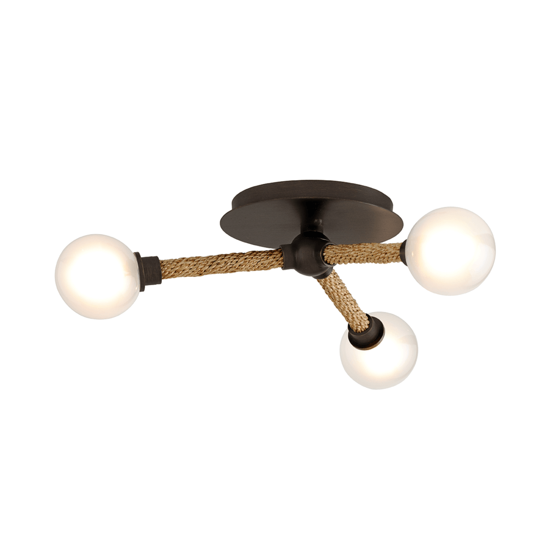Classic Bronze Wrapped with Braids of Abacá Rope and Opal Glass Shade Flush Mount - LV LIGHTING