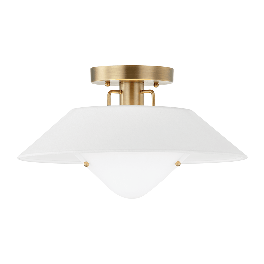 Patina Brass with White Fabric and Glass Shade Flush Mount - LV LIGHTING