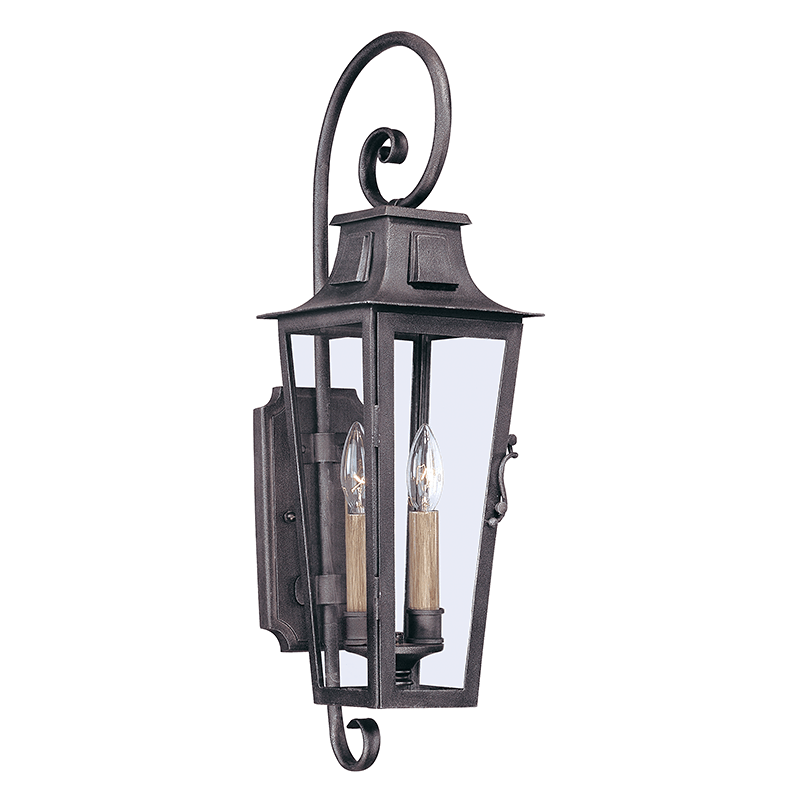 Aged Pewter Curl Arm with Clear Glass Shade Outdoor Outdoor Wall Sconce - LV LIGHTING