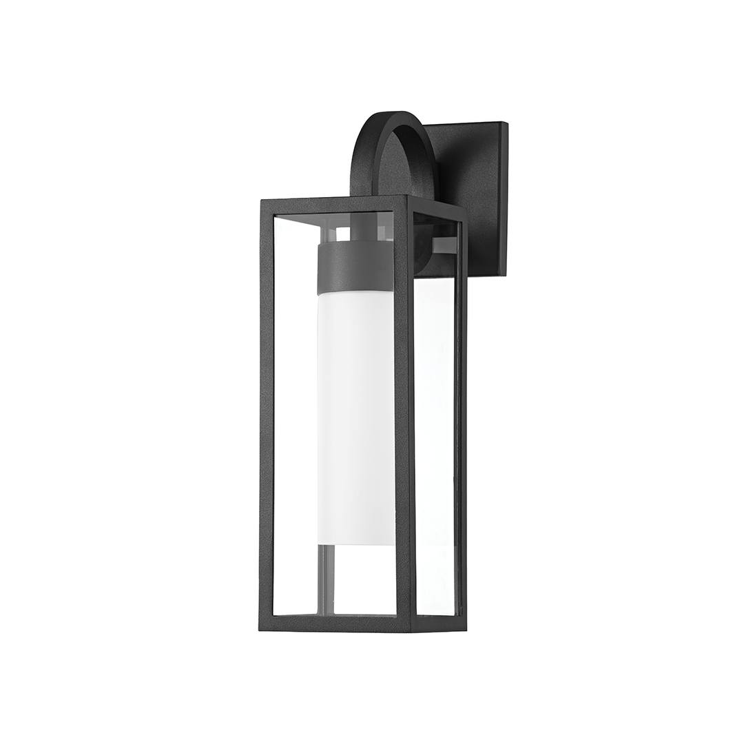 Textured Black Arch Arm with Clear Glass Shade Outdoor Wall Sconce