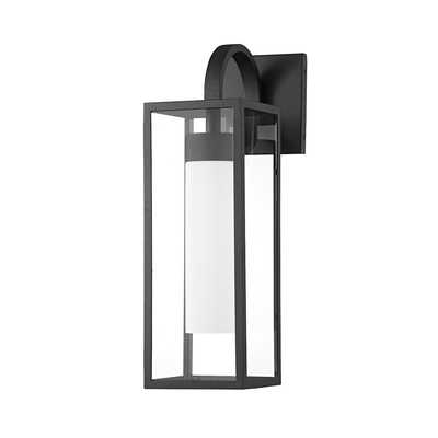 Textured Black Arch Arm with Clear Glass Shade Outdoor Wall Sconce