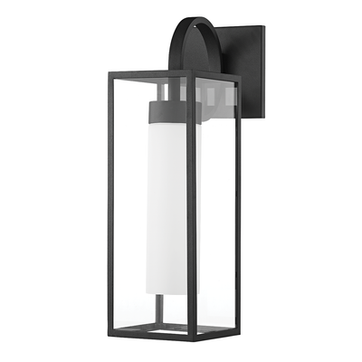 Textured Black Arch Arm with Clear Glass Shade Outdoor Wall Sconce