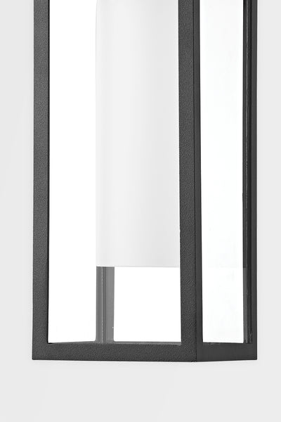 Textured Black Arch Arm with Clear Glass Shade Outdoor Wall Sconce