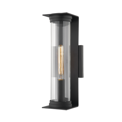 Textured Black with Clear Ribbed Cylindrical Glass Shade Outdoor Wall Sconce