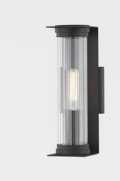 Textured Black with Clear Ribbed Cylindrical Glass Shade Outdoor Wall Sconce