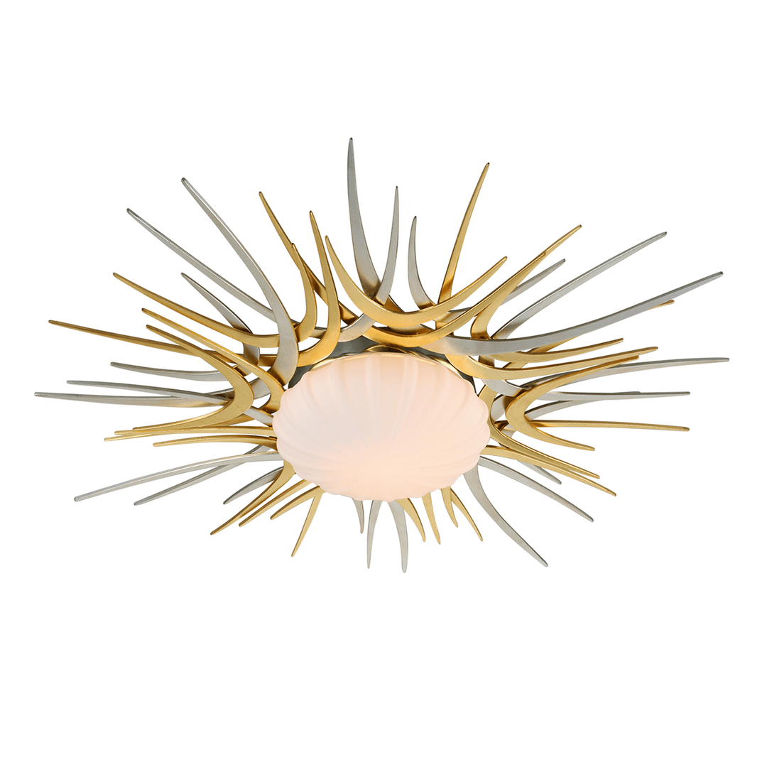 Gold and Silver Leaf Sun Burst Frame with Satin Opal Glass Shade Flush Mount - LV LIGHTING