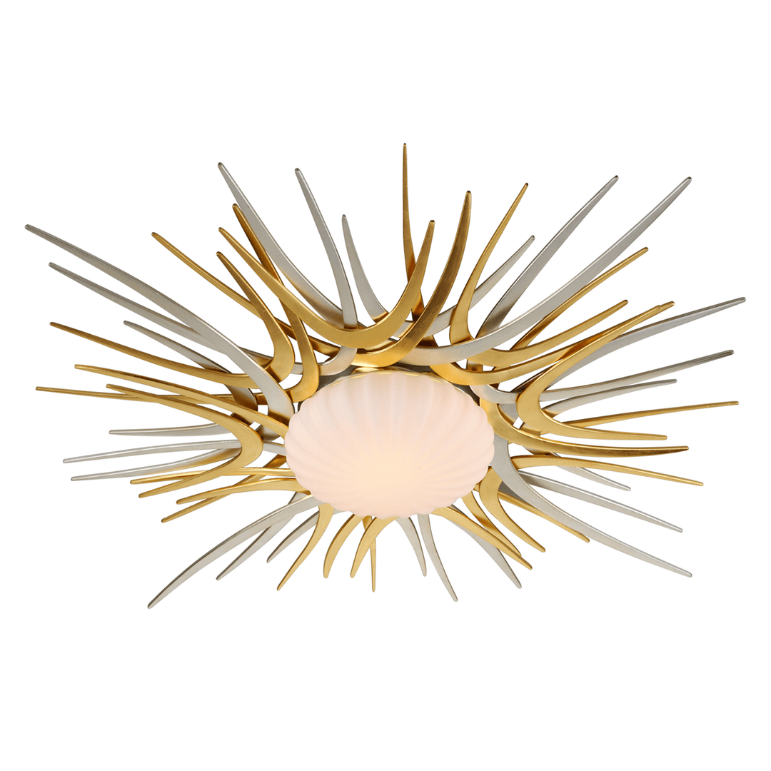 Gold and Silver Leaf Sun Burst Frame with Satin Opal Glass Shade Flush Mount - LV LIGHTING