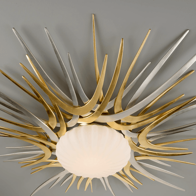 Gold and Silver Leaf Sun Burst Frame with Satin Opal Glass Shade Flush Mount - LV LIGHTING