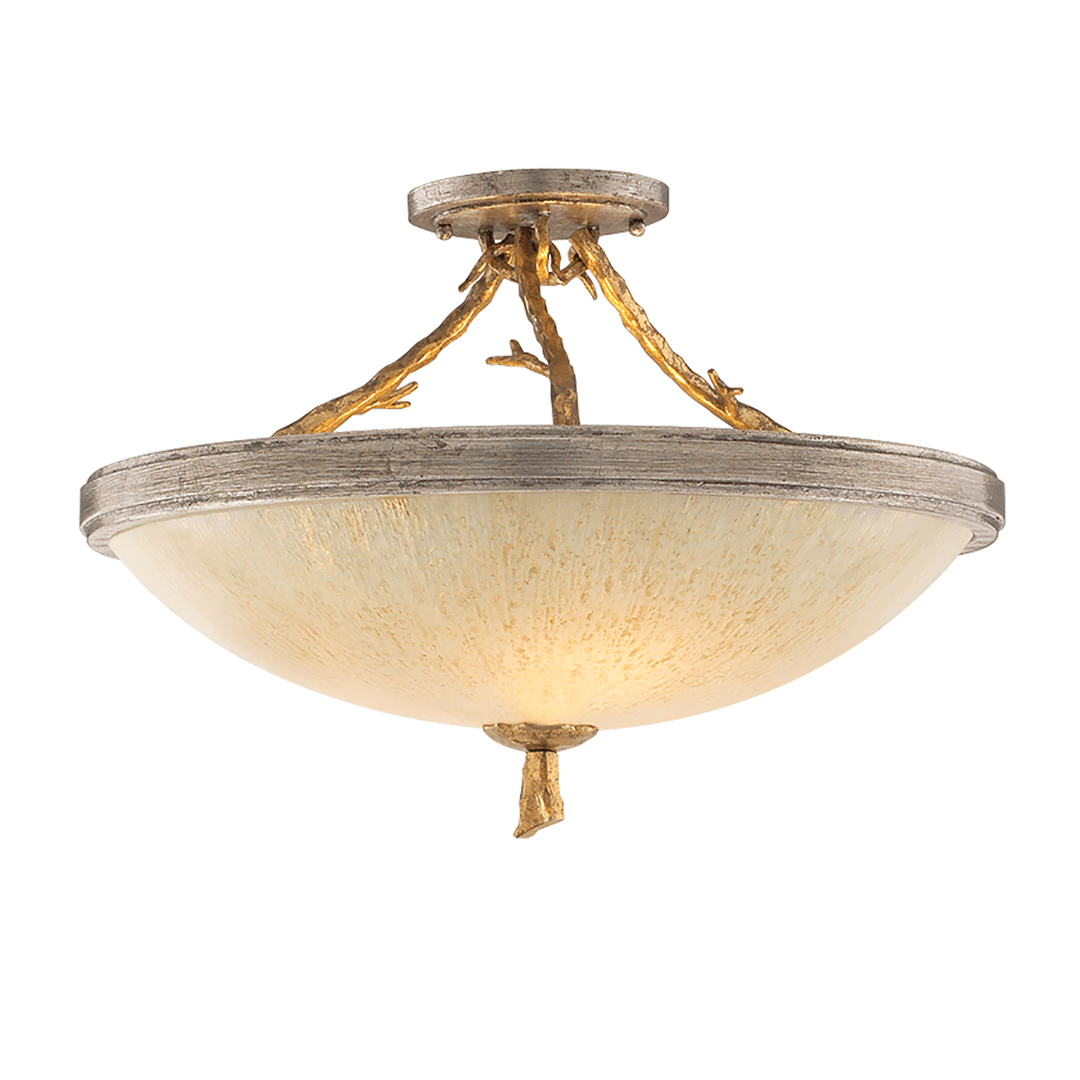 Gold and Silver Leaf Arm with Golden Ice Glass Shade Flush Mount - LV LIGHTING