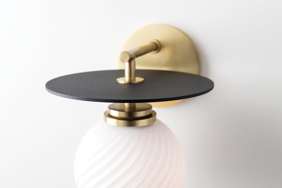 Aged Brass and Black Arm and Plate with White Glass Globe Shade Wall Sconce - LV LIGHTING