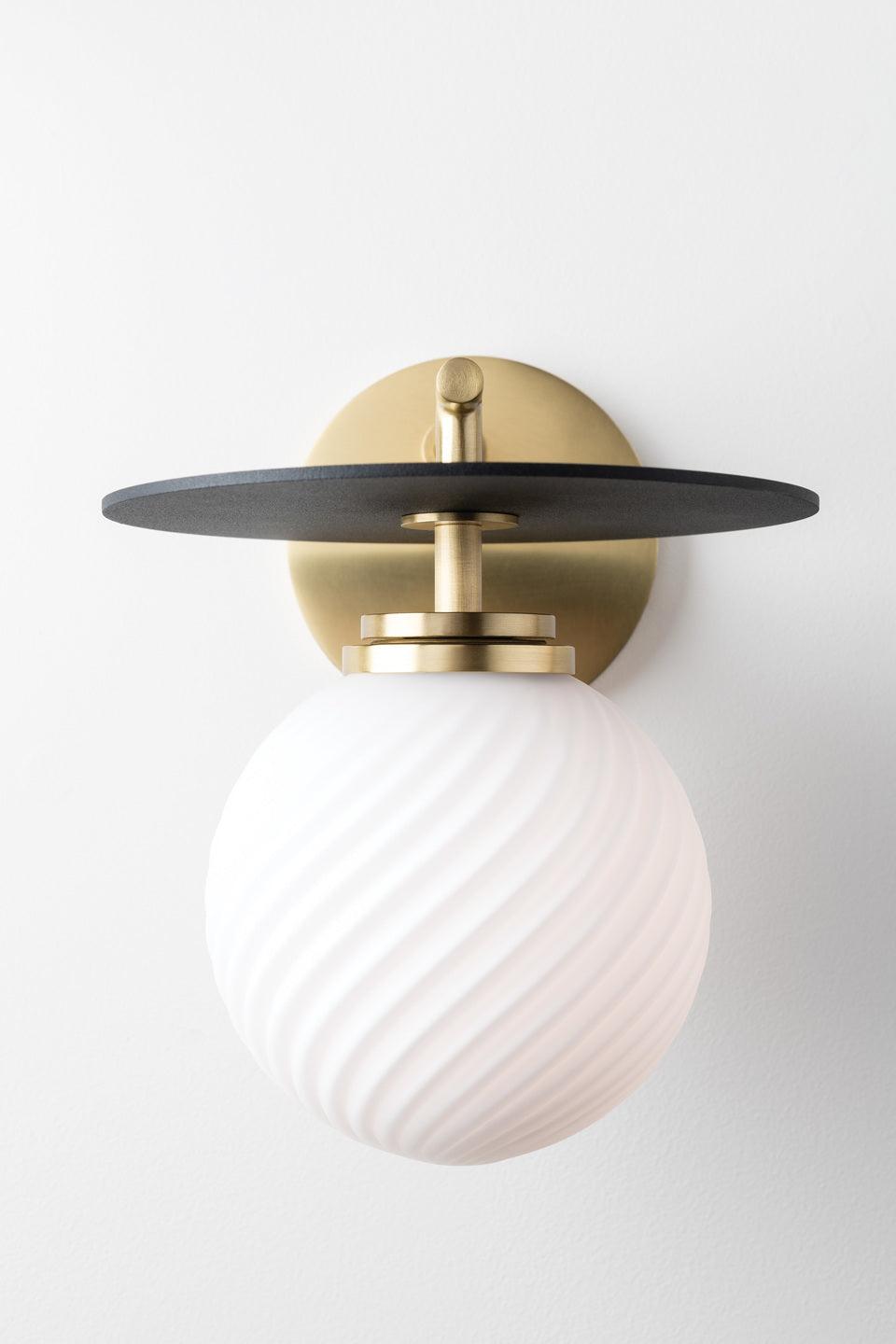 Aged Brass and Black Arm and Plate with White Glass Globe Shade Wall Sconce - LV LIGHTING