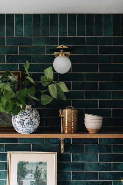 Aged Brass and Black Arm and Plate with White Glass Globe Shade Wall Sconce - LV LIGHTING