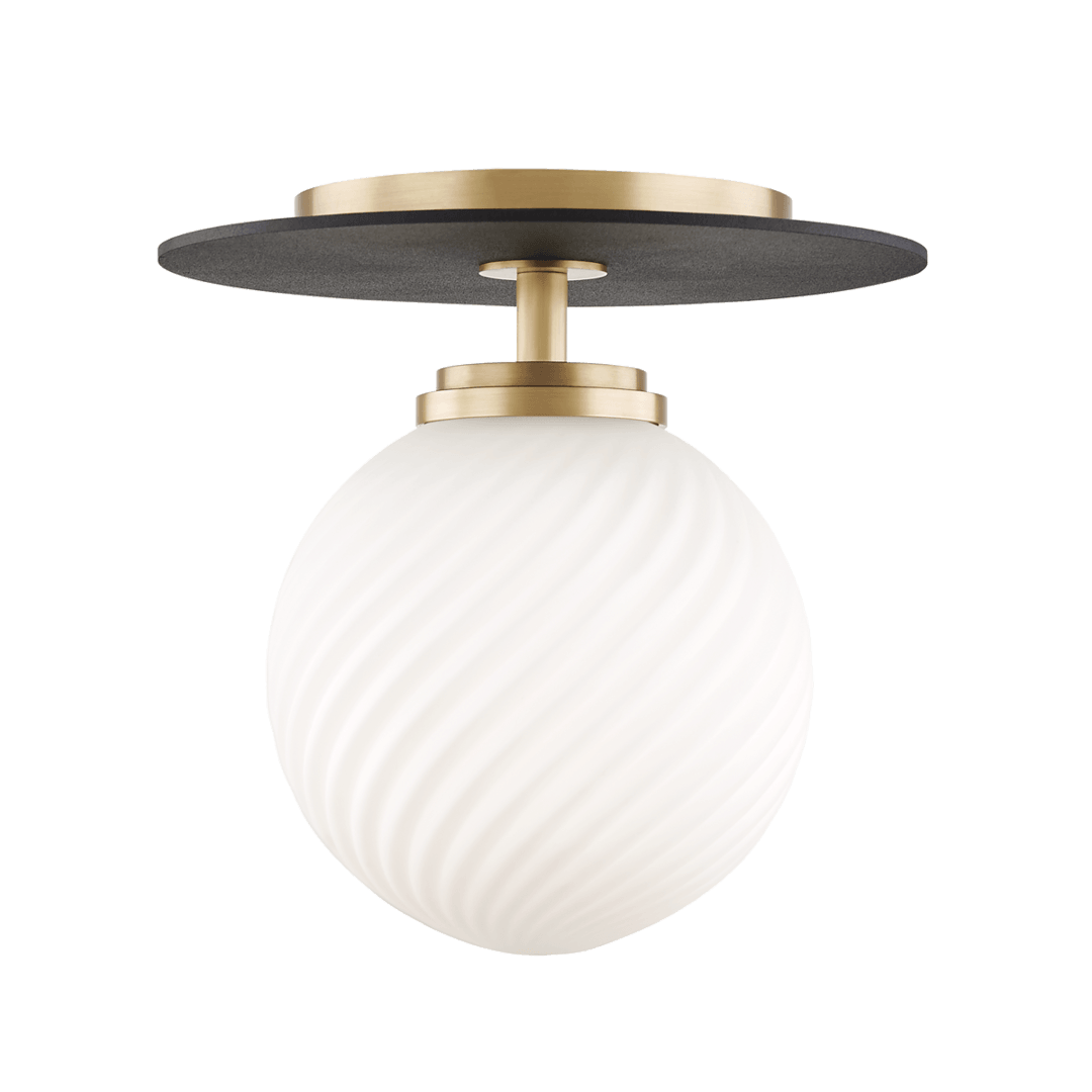 Aged Brass and Black Arm and Plate with White Glass Globe Shade Flush Mount - LV LIGHTING