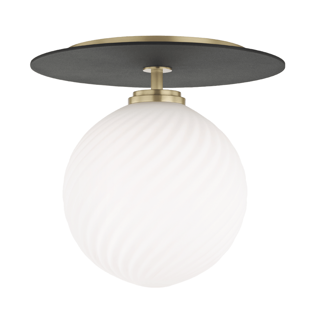 Aged Brass and Black Arm and Plate with White Glass Globe Shade Flush Mount - LV LIGHTING