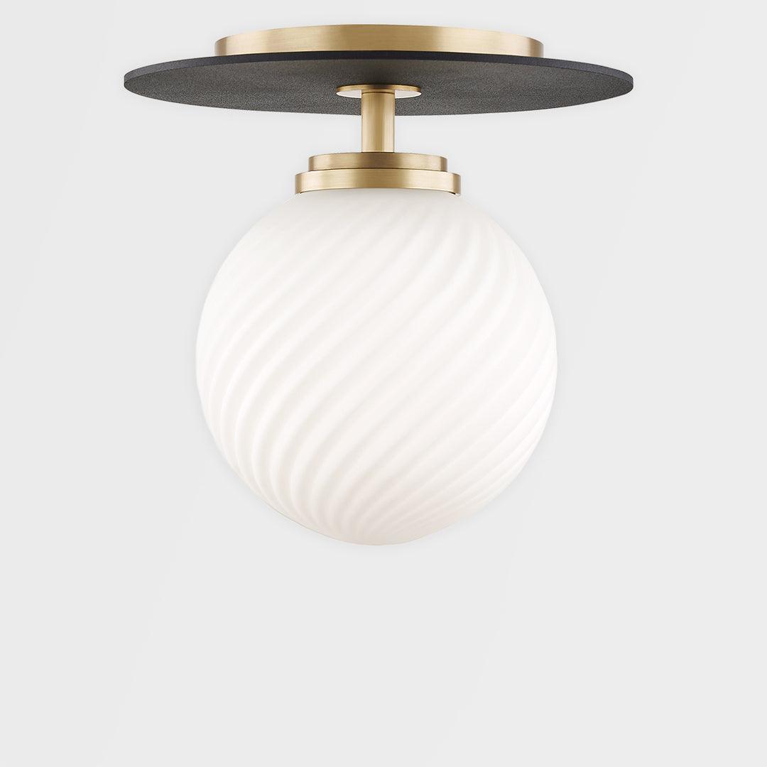 Aged Brass and Black Arm and Plate with White Glass Globe Shade Flush Mount - LV LIGHTING
