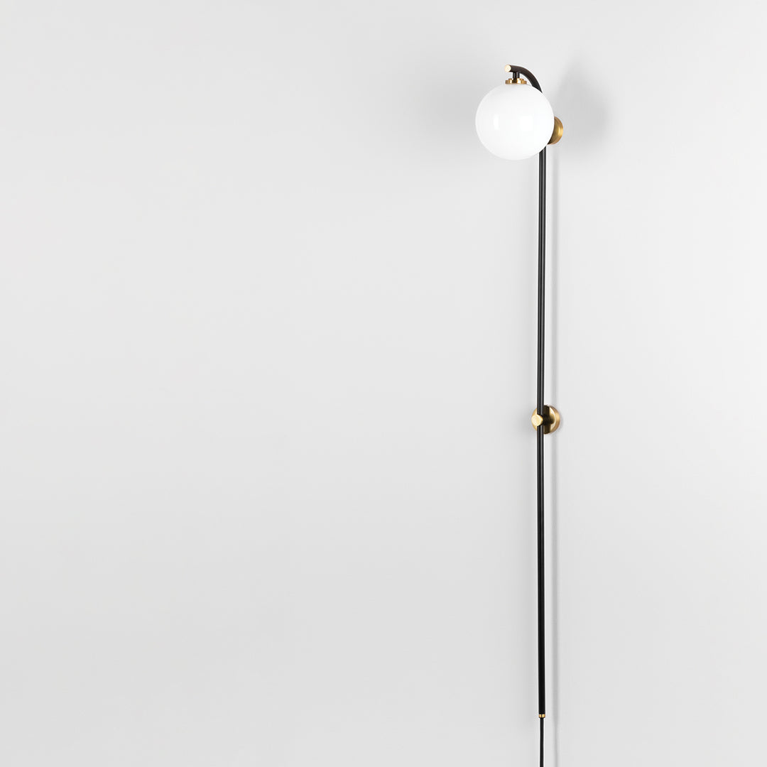 Steel Curve Arm with White Glass Globe Plug In Wall Sconce