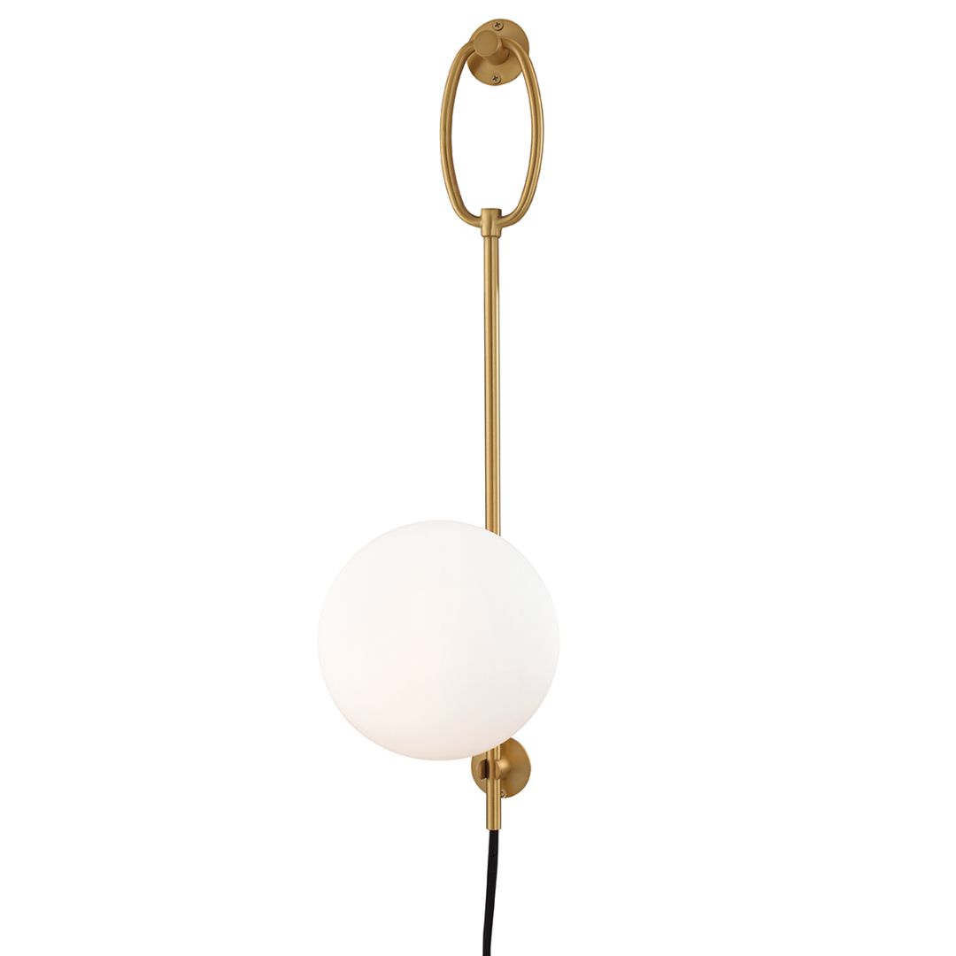 Steel Hanging Rod with Opal Etched Glass Globe Shade Plug In Wall Sconce