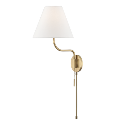 Steel Curve Arm with Off White Linen Plug In Pull Chain Wall Sconce