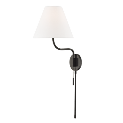 Steel Curve Arm with Off White Linen Plug In Pull Chain Wall Sconce