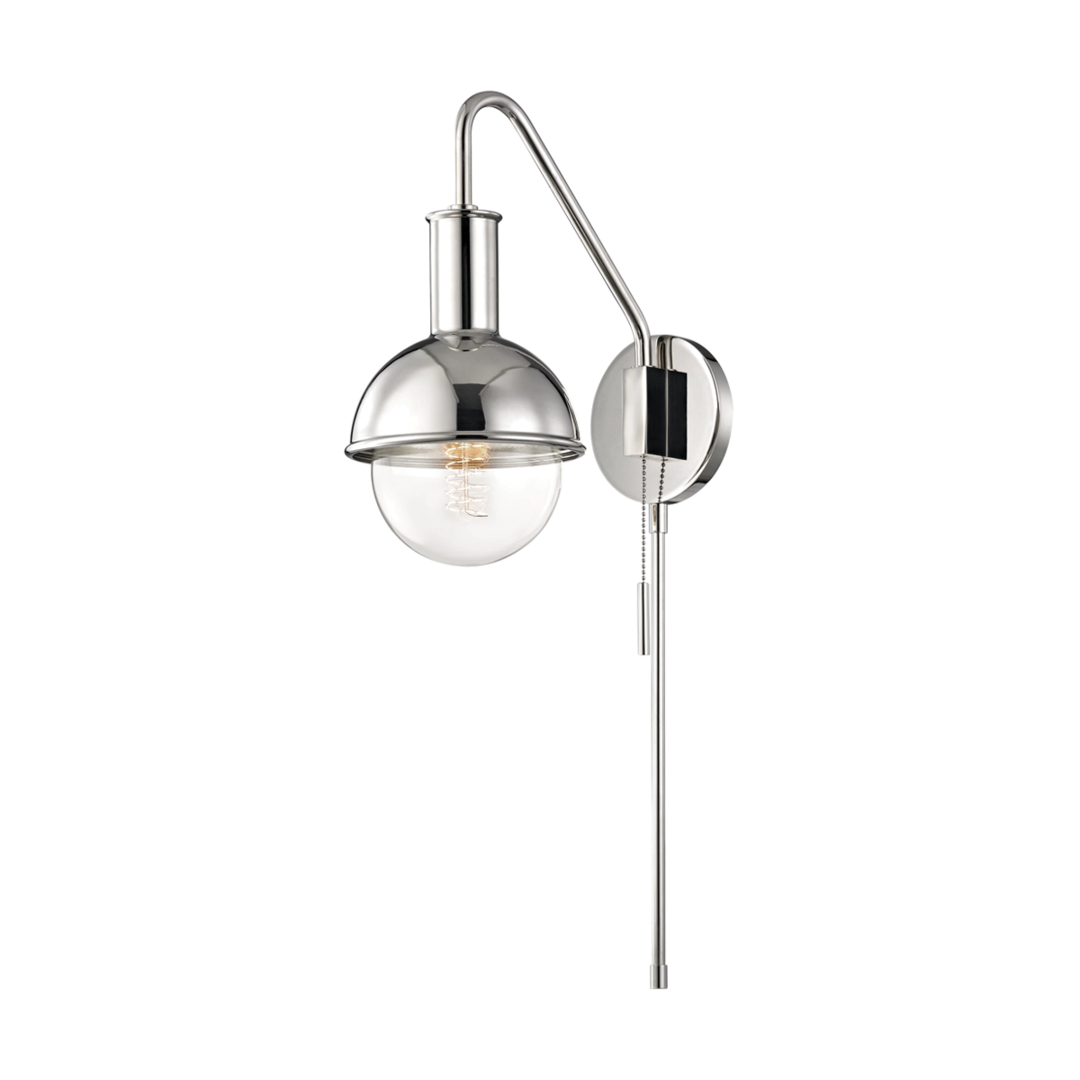 Steel Curve Arm with Round Frame Plug In and Pull Chain Wall Sconce