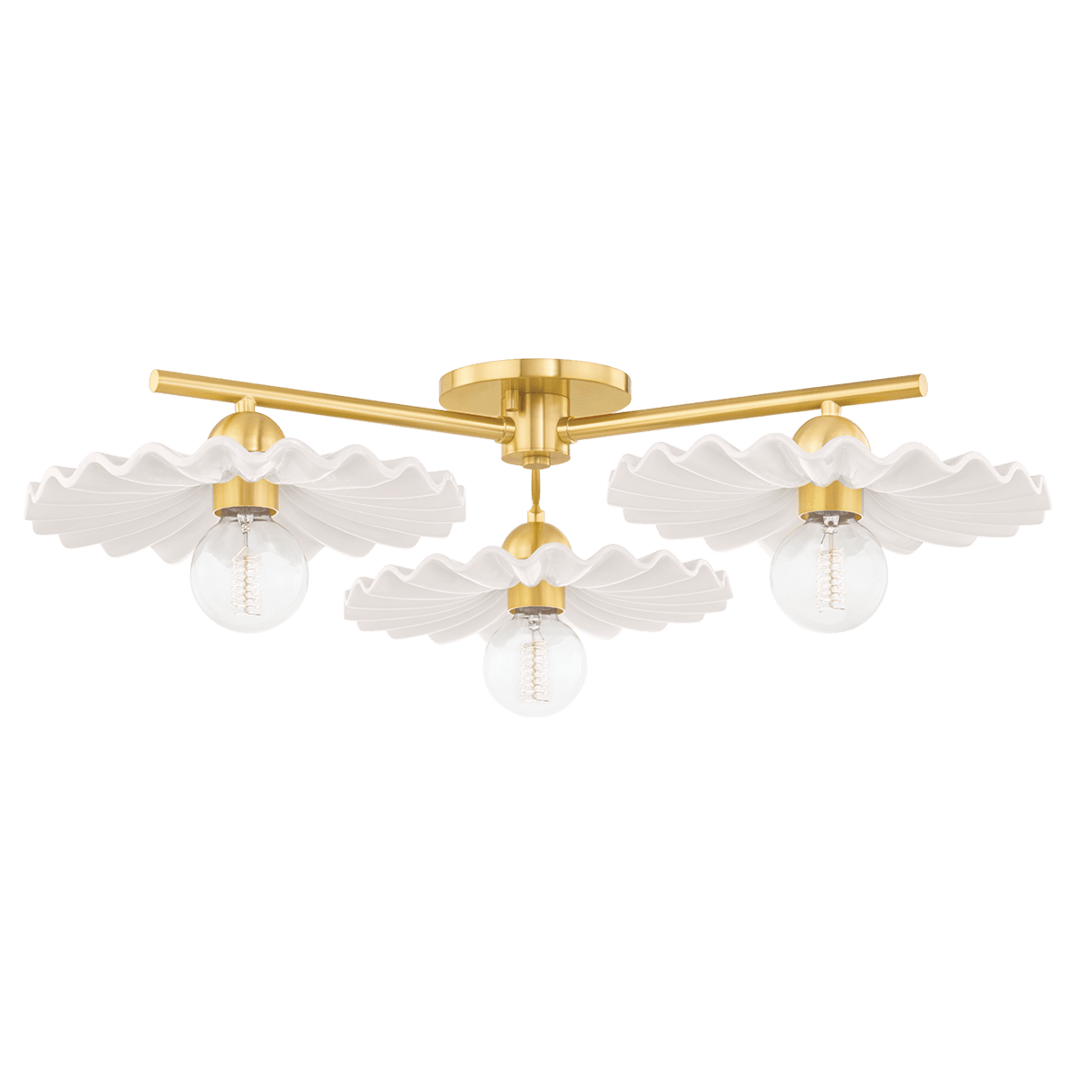 Aged Brass with Ceramic Gloss Cream Shade Semi Flush Mount - LV LIGHTING