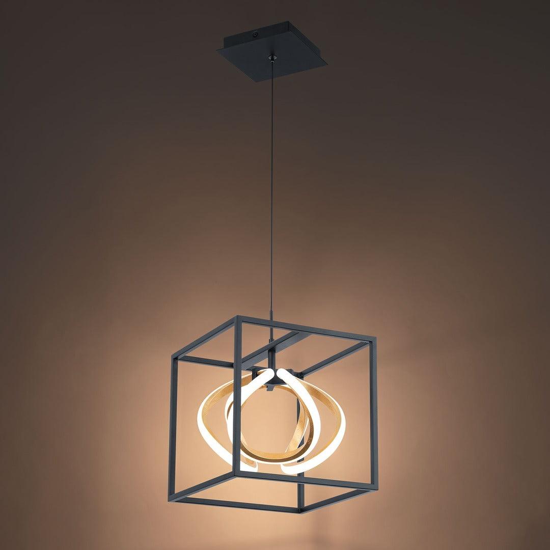 LED Black Cube and Curly Gold Leaf Frame with Acrylic Diffuser Pendant - LV LIGHTING