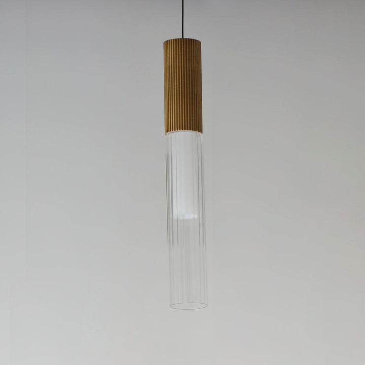 LED Gold Frame with Clear Cylindrical Ribbed Glass Shade Single Pendant - LV LIGHTING