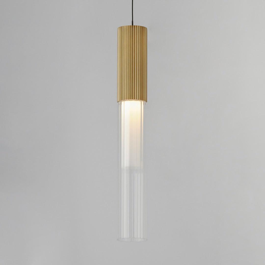 LED Gold Frame with Clear Cylindrical Ribbed Glass Shade Single Pendant - LV LIGHTING