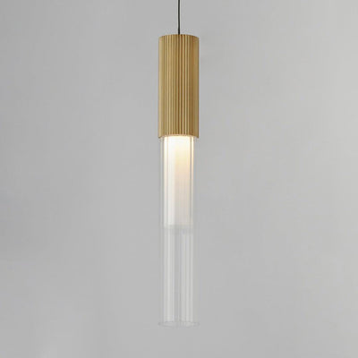 LED Gold Frame with Clear Cylindrical Ribbed Glass Shade Single Pendant - LV LIGHTING