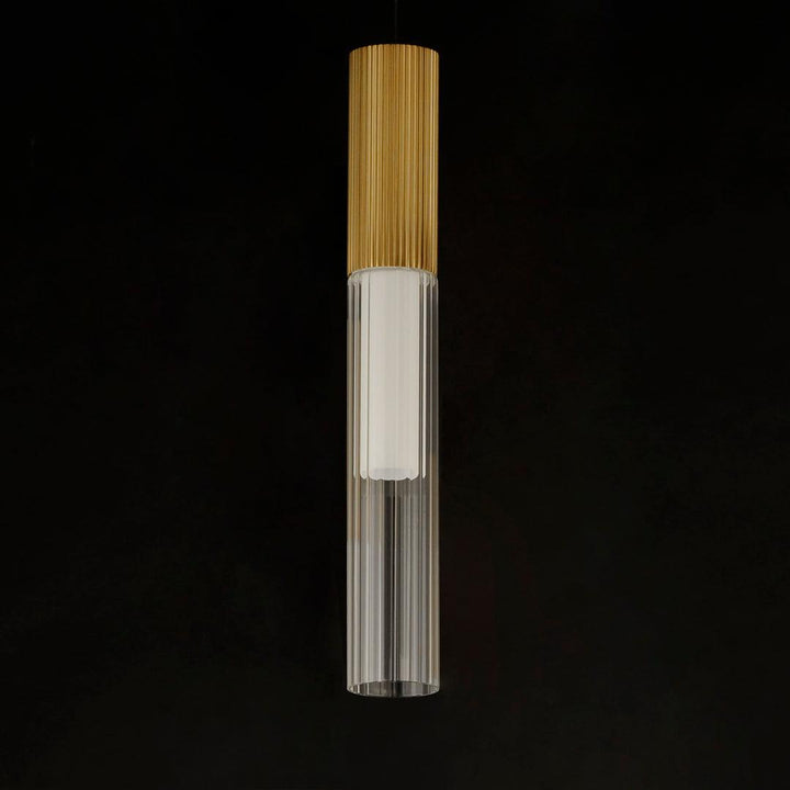 LED Gold Frame with Clear Cylindrical Ribbed Glass Shade Single Pendant - LV LIGHTING