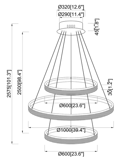 LED Black Frame with Crystaline Acrylic Diffuser 3 Ring Chandelier - LV LIGHTING