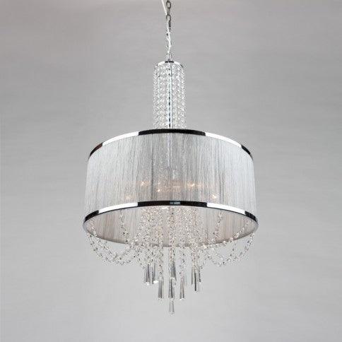 Chrome with Silk Off White Shade with Crystal Strand and Drop Chandelier - LV LIGHTING