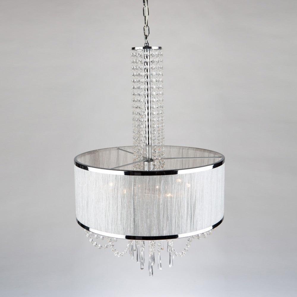 Chrome with Silk Off White Shade with Crystal Strand and Drop Chandelier - LV LIGHTING