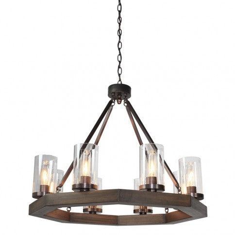 Brunito Bronze Pine Wood with Clear Cylindrical Glass Shade Octagon Chandelier - LV LIGHTING